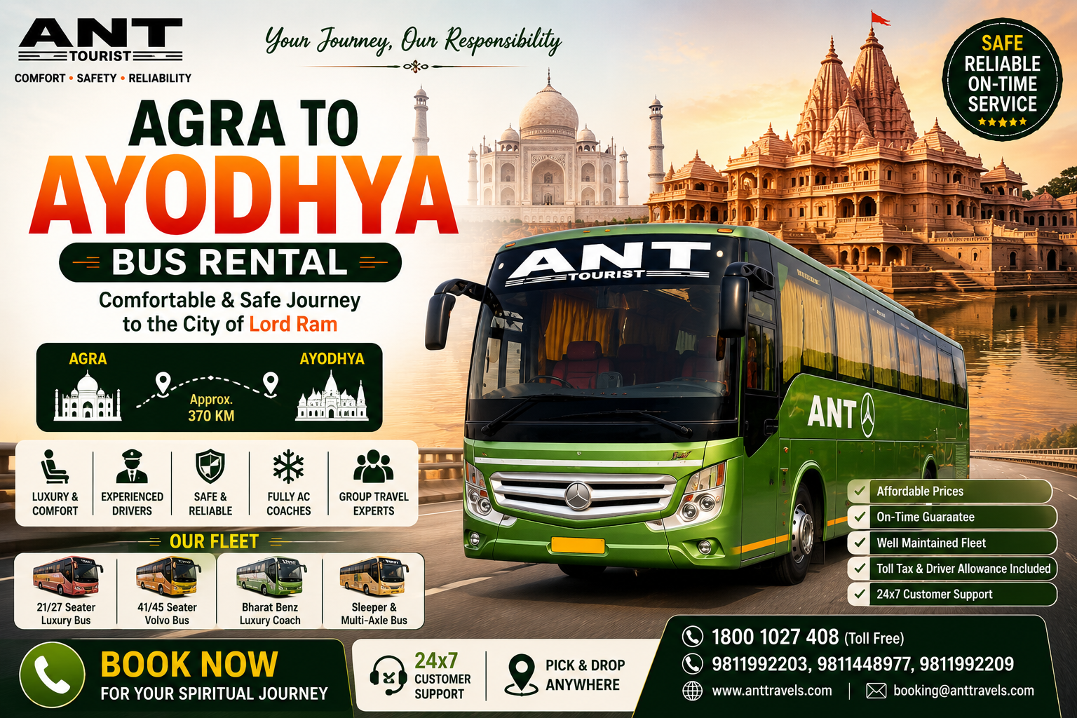 Luxury Volvo Bus Rental from Agra to Ayodhya with BharatBenz Coach, Mini Bus and AC Tourist Coach by ANT Travels