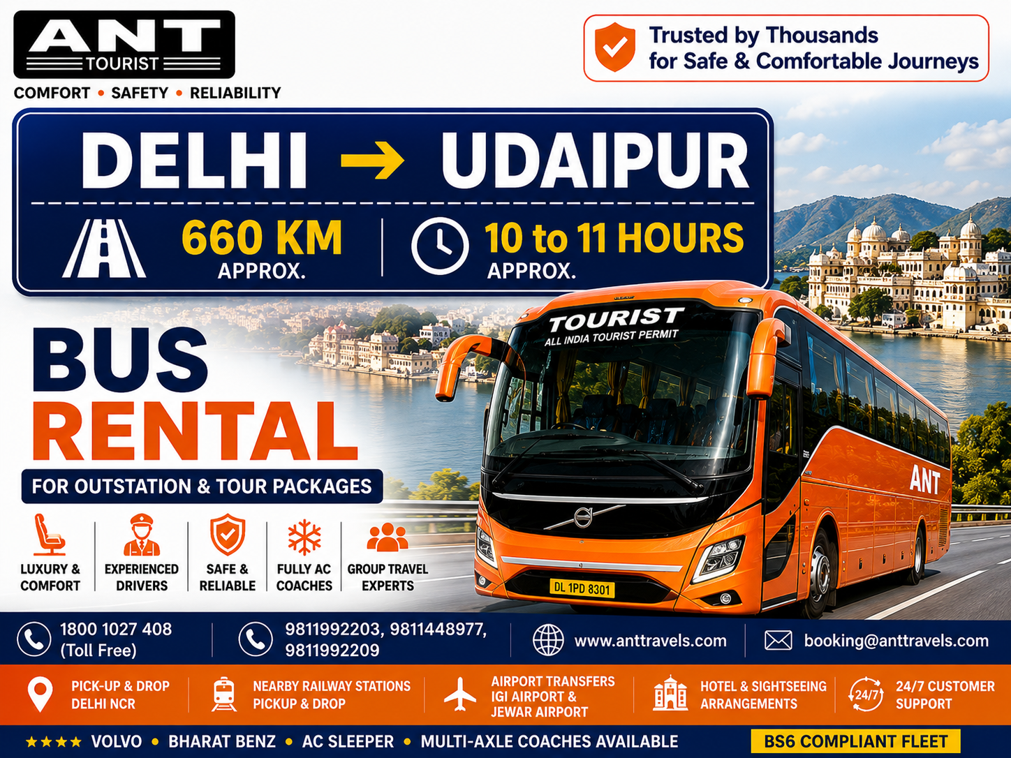 Delhi to Udaipur Bus Rental by ANT Travels | Luxury Volvo, Bharat Benz & AC Sleeper Coach Hire