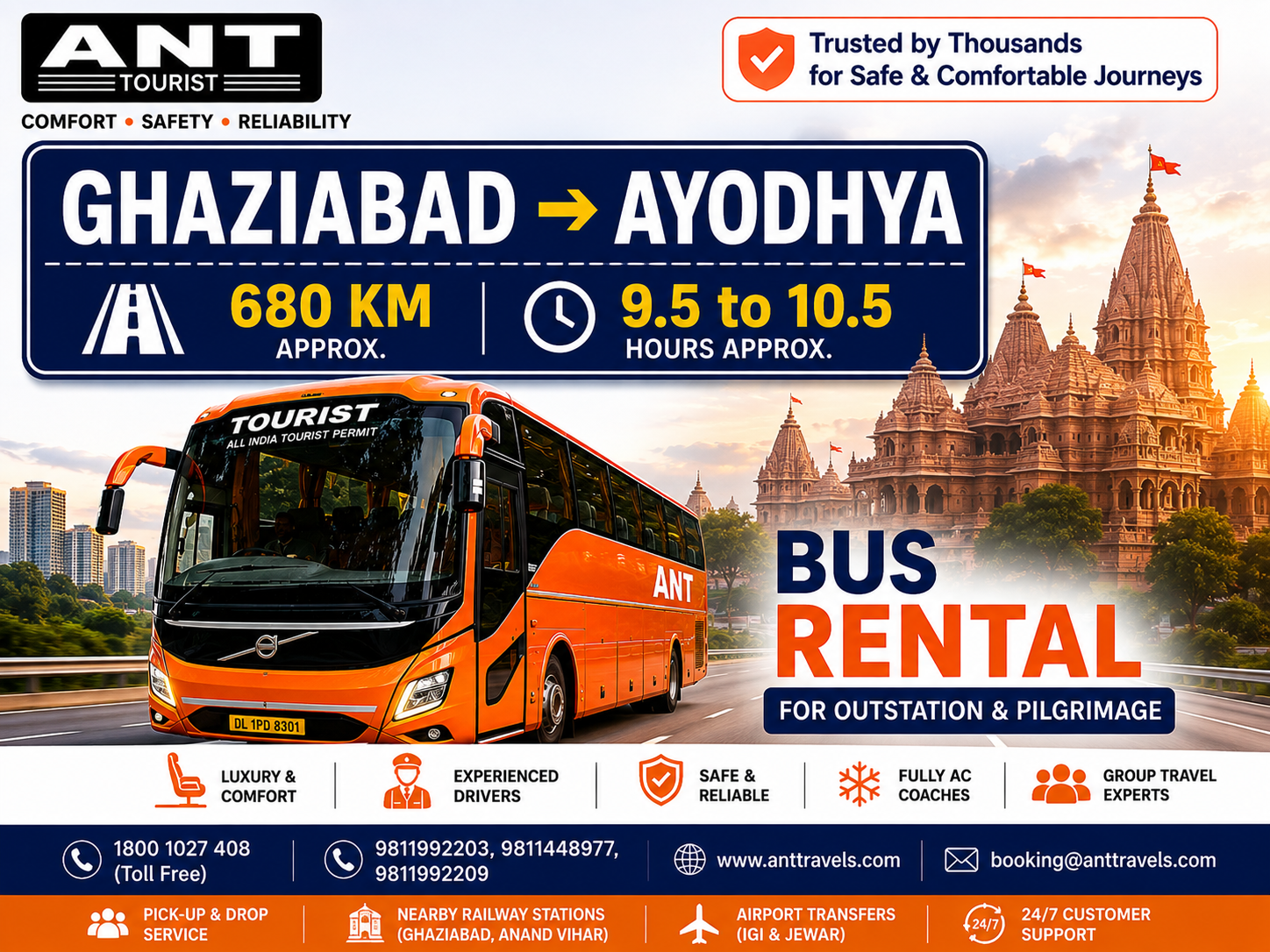 Ghaziabad to Ayodhya Bus Rental by ANT Travels | Luxury Volvo & Bharat Benz Bus Hire