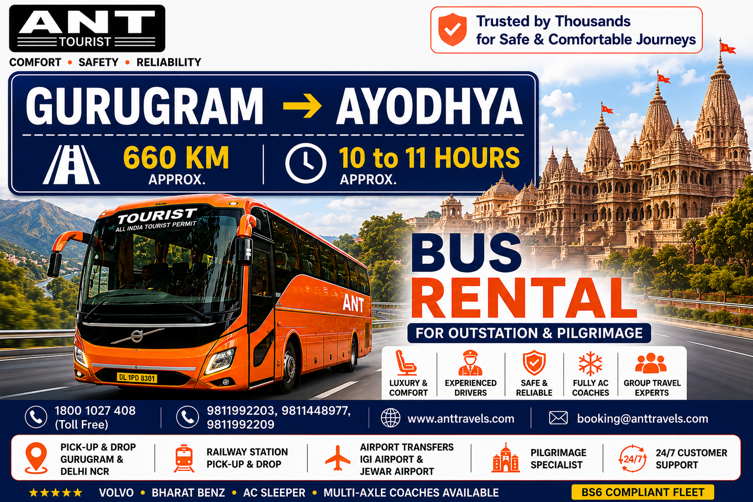 Gurugram to Ayodhya Bus Rental by ANT Travels | Luxury Volvo & Bharat Benz Bus Hire