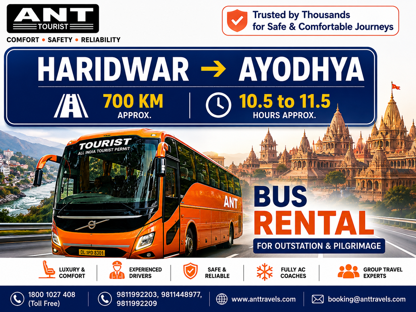 Haridwar to Ayodhya Bus Rental by ANT Travels | Luxury Volvo & Bharat Benz Bus Hire