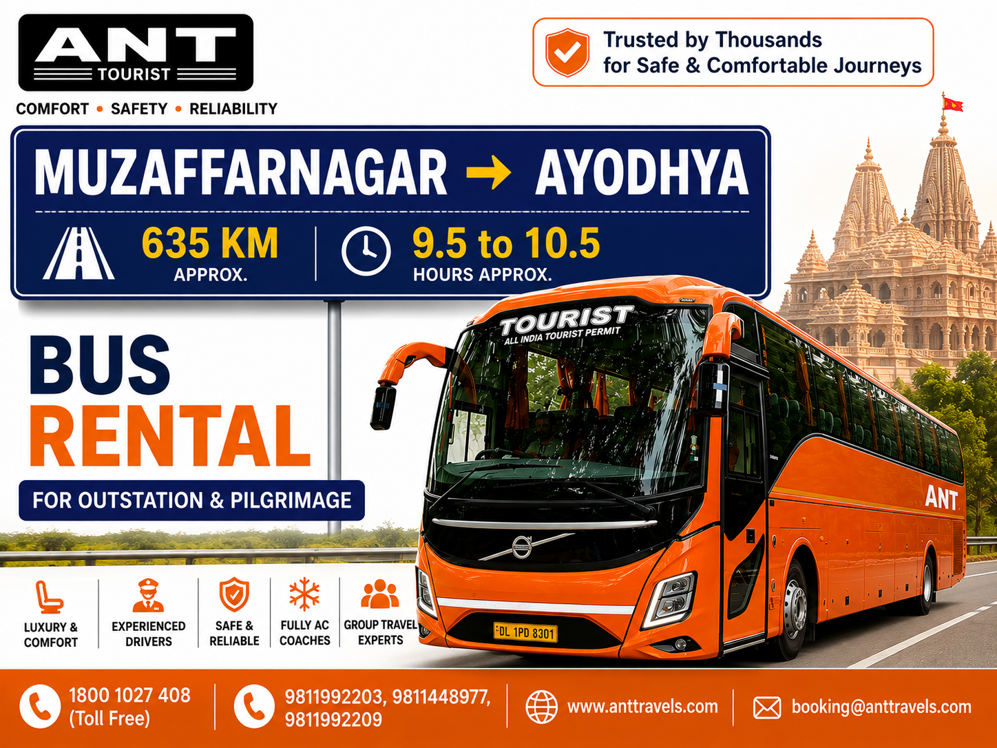 Luxury Volvo Bus Rental from Muzaffarnagar to Ayodhya with BharatBenz Coach, Mini Bus and AC Tourist Coach by ANT Travels