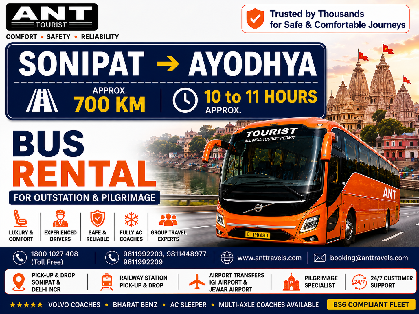 Sonipat to Ayodhya Bus Rental by ANT Travels | Luxury Volvo & Bharat Benz Bus Hire